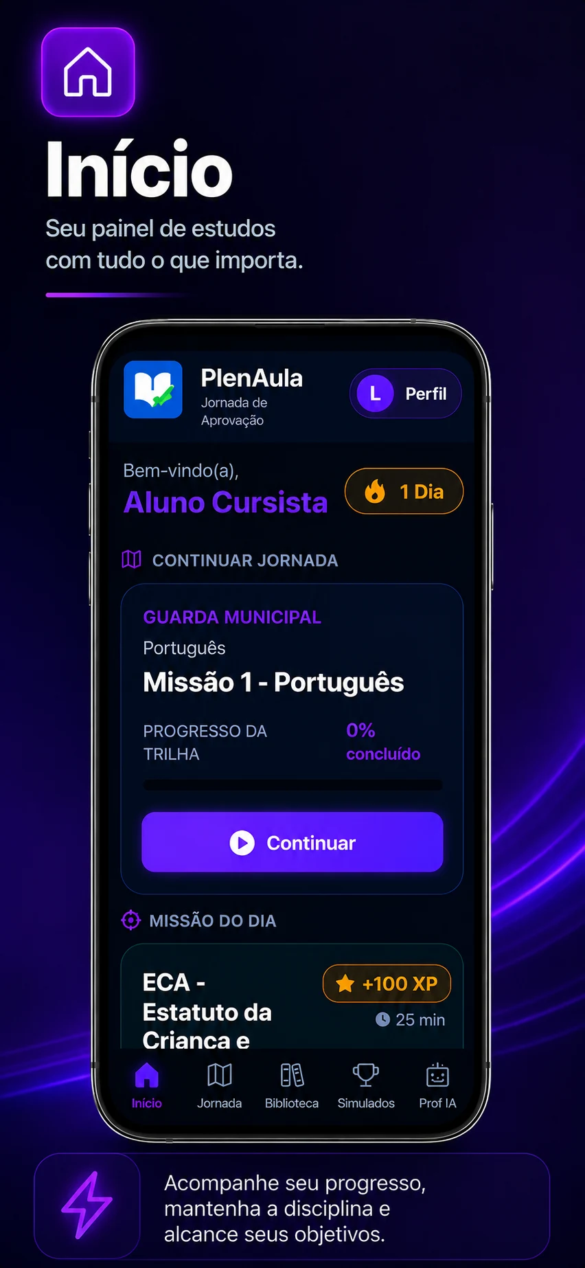 Tela inicial e missão do dia no PlenAula