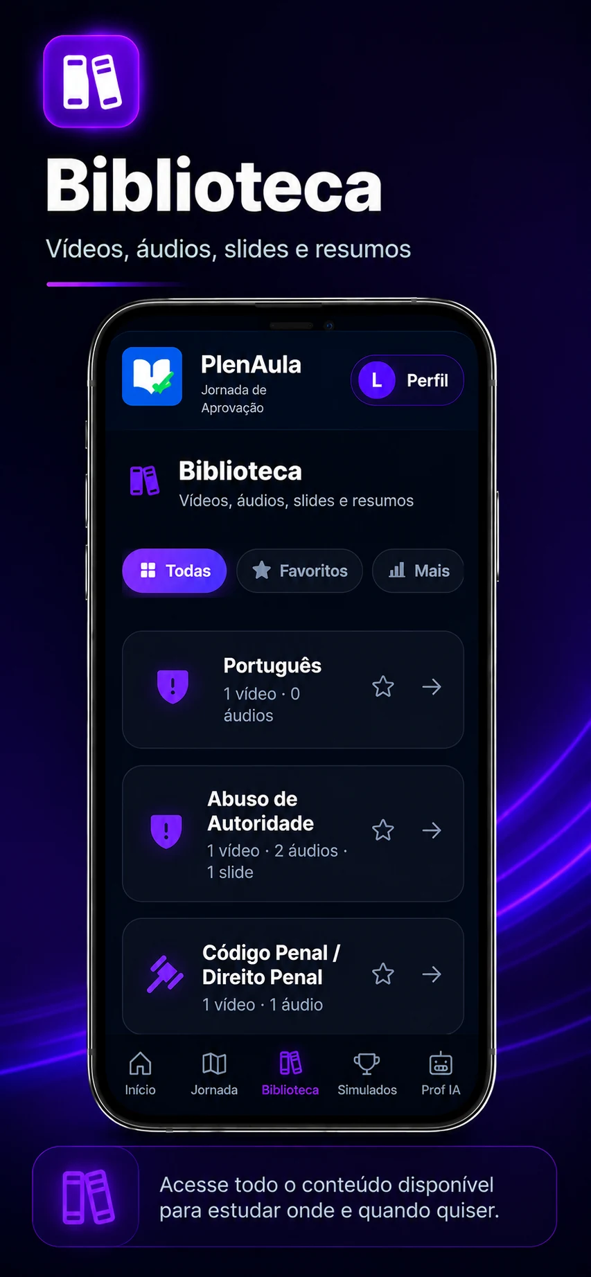 Biblioteca de vídeos, áudios, slides e resumos