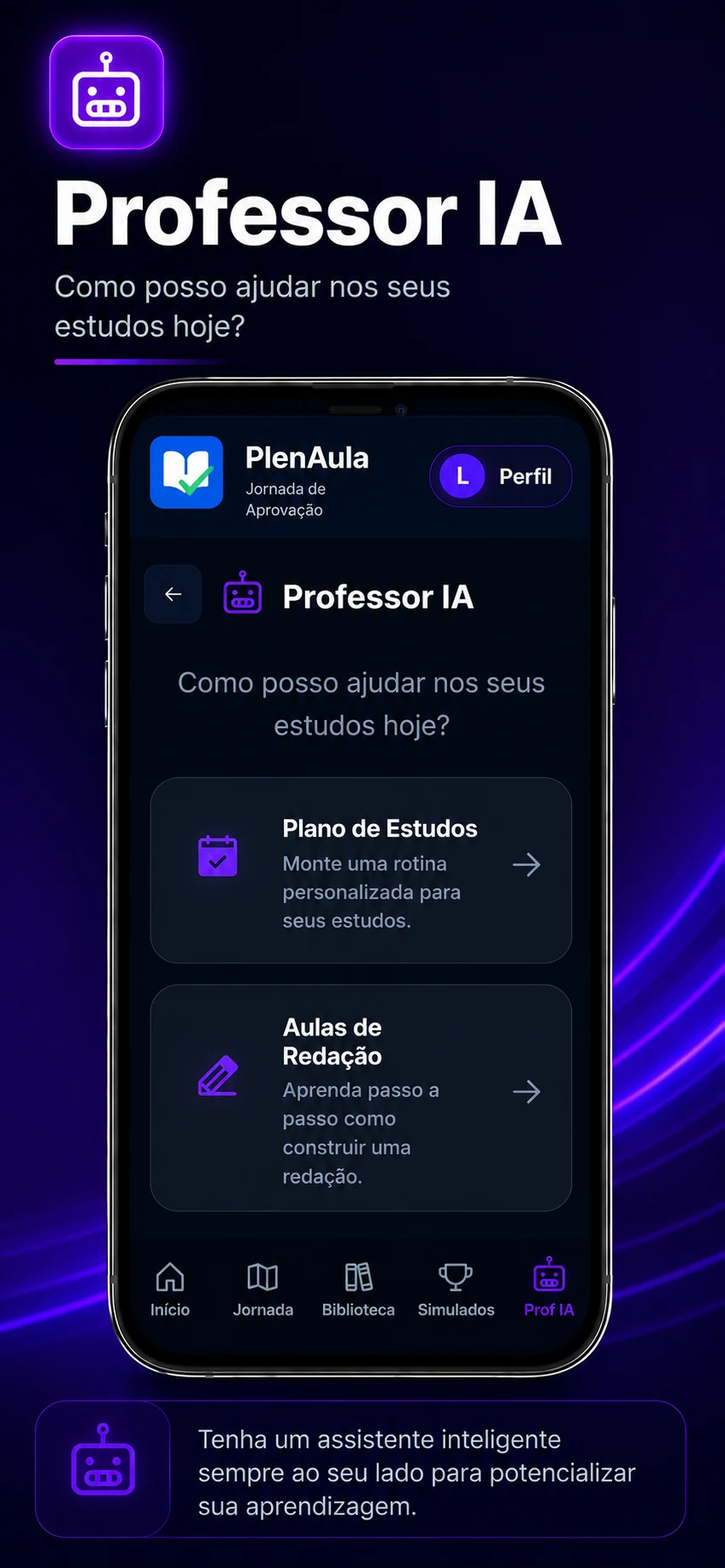 Professor IA com plano de estudos e aulas de redação